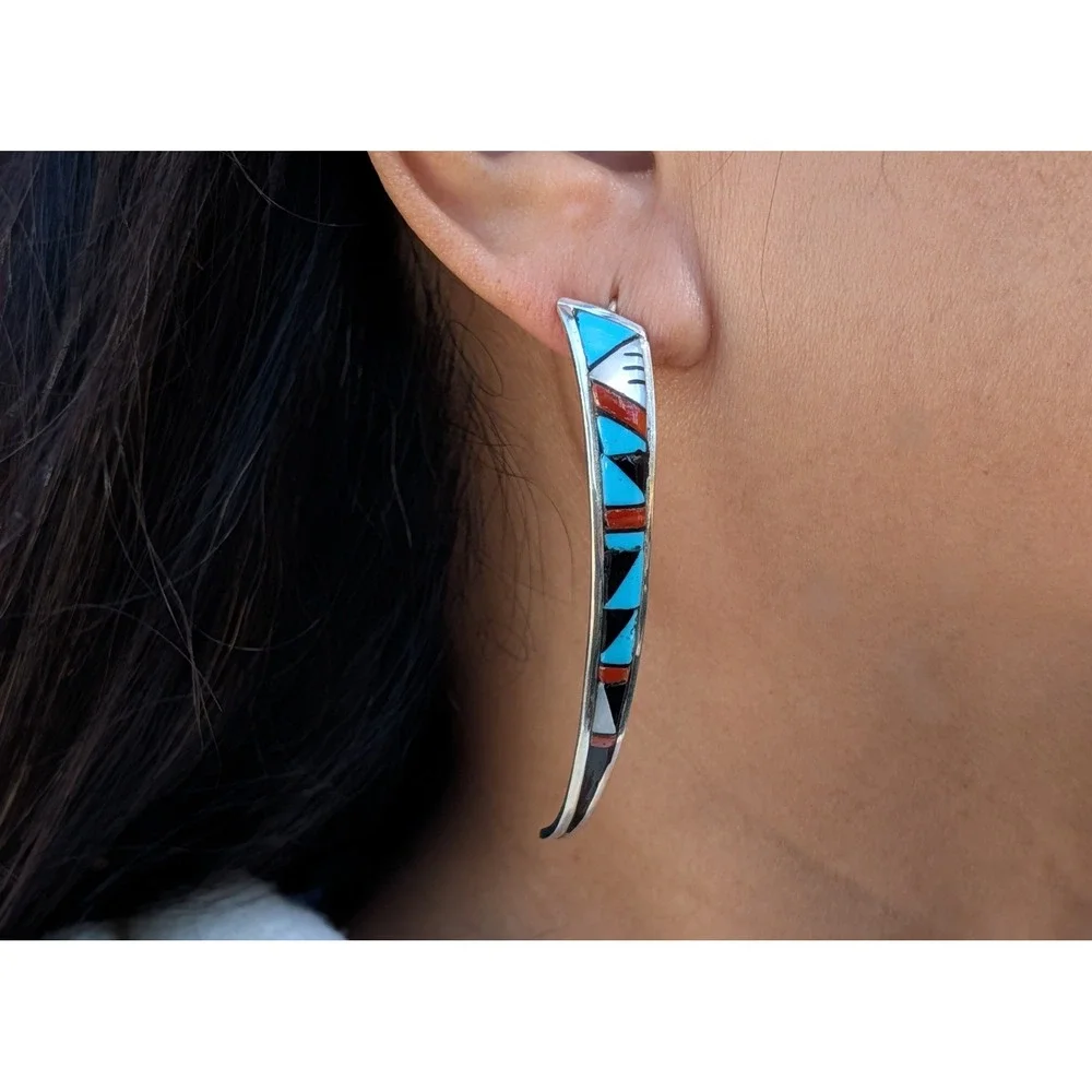 Zuni Turquoise coral Inlay Earrings 925 Sterling Silver Curved Signed P. Lucio *